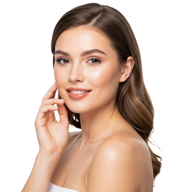 Confident business woman pointing upwards